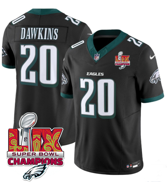 Personalized Men’s Philadelphia Eagles #20 Brian Dawkins Black 2025 Eagles Logo Super Bowl LIX Patch New F.U.S.E. Limited Stitched Football Jersey