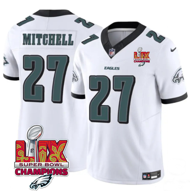 Personalized Men’s Philadelphia Eagles #27 Quinyon Mitchell White 2025 Eagles Logo Super Bowl LIX Patch New F.U.S.E. Limited Stitched Football Jersey
