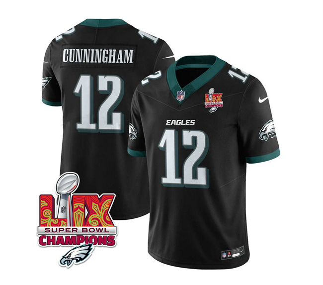 Personalized Men’s Philadelphia Eagles #12 Randall Cunningham Black 2025 Eagles Logo Super Bowl LIX Patch New F.U.S.E. Limited Stitched Football Jersey