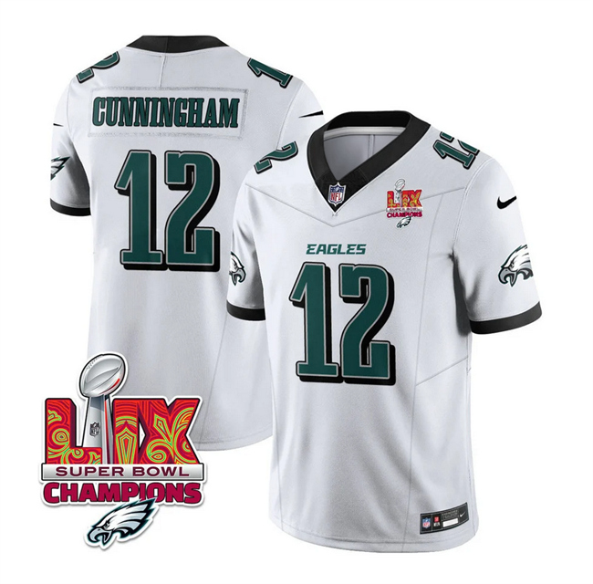 Personalized Men’s Philadelphia Eagles #12 Randall Cunningham White 2025 Eagles Logo Super Bowl LIX Patch New F.U.S.E. Limited Stitched Football Jersey