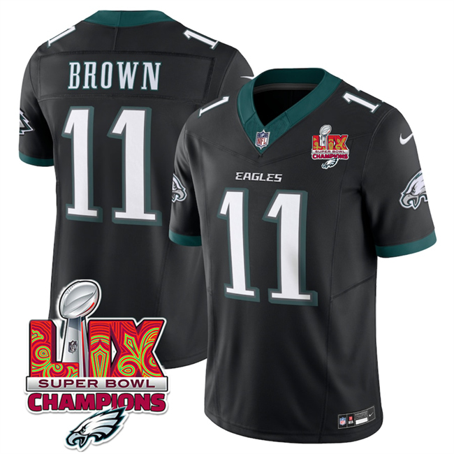 Personalized Men’s Philadelphia Eagles #11 A.J. Brown Black 2025 Eagles Logo Super Bowl LIX Patch New F.U.S.E. Untouchable Limited Stitched Football Jersey