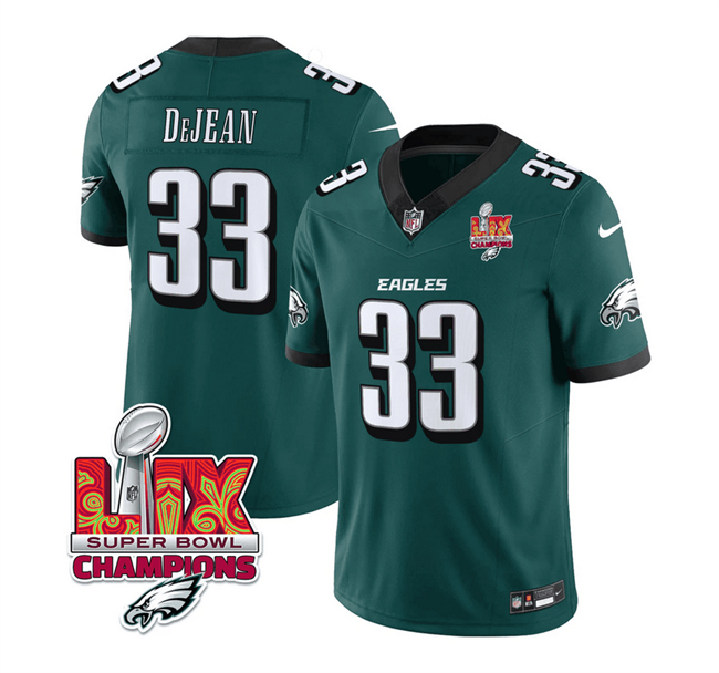 Personalized Men’s Philadelphia Eagles #33 Cooper DeJean Green 2025 Eagles Logo Super Bowl LIX Patch New F.U.S.E. Untouchable Limited Stitched Football Jersey
