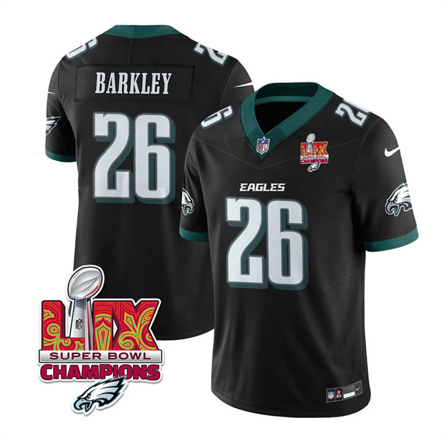 Personalized Men’s Philadelphia Eagles #26 Saquon Barkley Black 2025 Eagles Logo Super Bowl LIX Patch New F.U.S.E. Untouchable Limited Stitched Football Jersey