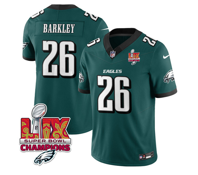 Personalized Men’s Philadelphia Eagles #26 Saquon Barkley Green 2025 Eagles Logo Super Bowl LIX Patch New F.U.S.E. Untouchable Limited Stitched Football Jersey
