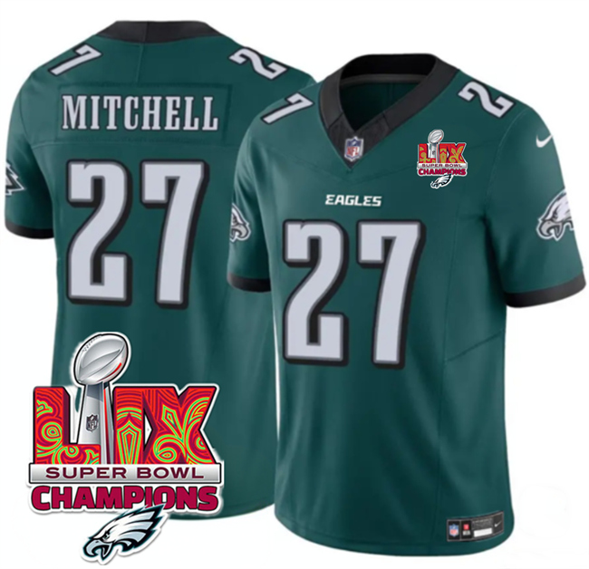 Personalized Men’s Philadelphia Eagles #27 Quinyon Mitchell Green 2025 Eagles Logo Super Bowl LIX Patch New F.U.S.E. Untouchable Limited Stitched Football Jersey