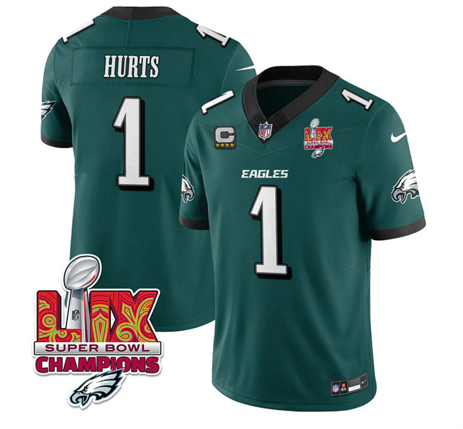 Personalized Men’s Philadelphia Eagles #1 Jalen Hurts Green 2025 Eagles Logo Super Bowl LIX Patch With 4-Star C Patch New F.U.S.E. Untouchable Limited Stitched Football Jersey