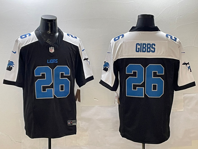 Personalized Men’s Detroit Lions #26 Jahmyr Gibbs Black White F.U.S.E. 2024 Michigan Patch Limited Stitched Jersey