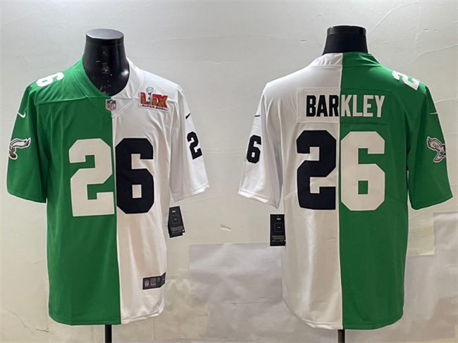 Personalized Men’s Philadelphia Eagles #26 Saquon Barkley Green White Split 2025 Super Bowl LIX Patch Untouchable Limited Stitched Football Jersey