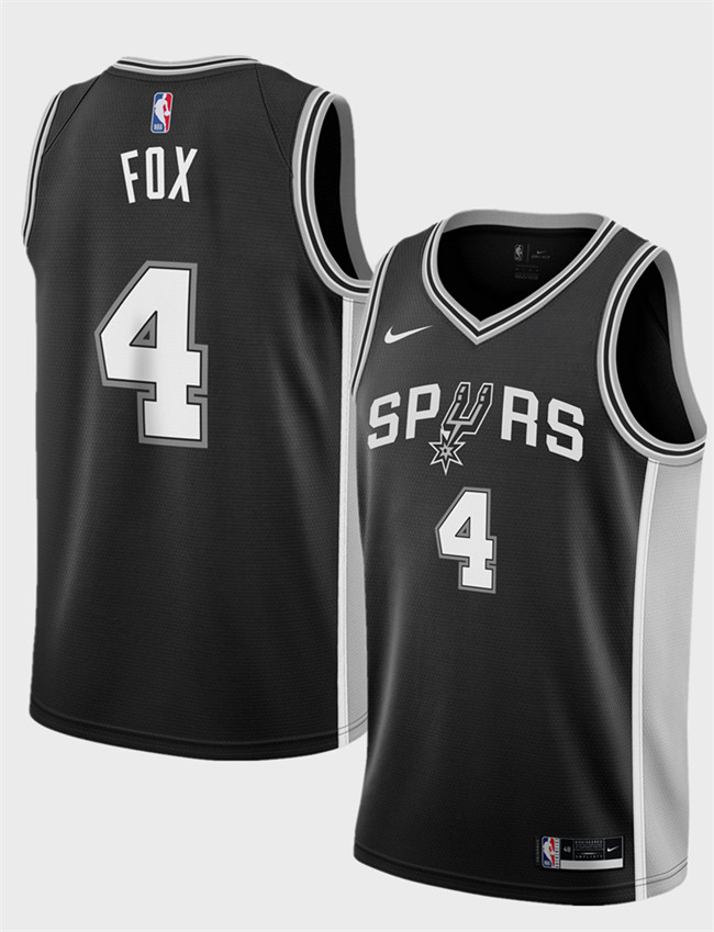Personalized Men’s San Antonio Spurs #4 De’Aaron Fox Black 2024-25 Icon Edition Stitched Basketball Jersey