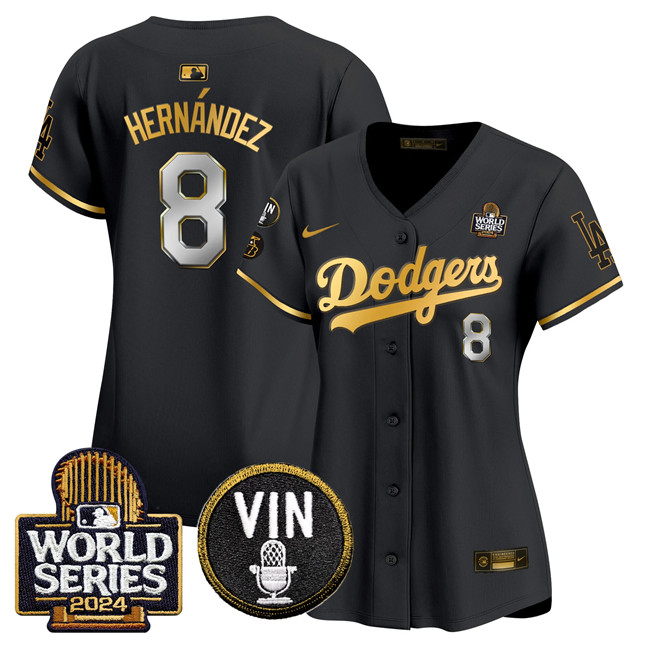 Personalized Women’s Los Angeles Dodgers #8 Enrique Hernandez Black Gold 2024 World Series With Vin & Kobe Patch Limited Stitched Baseball Jersey(Run Small)