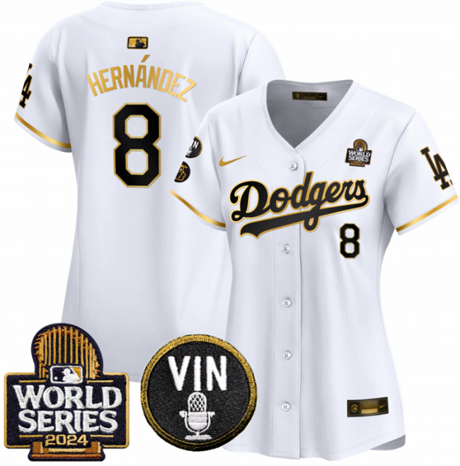 Personalized Women’s Los Angeles Dodgers #8 Enrique Hernandez White Gold 2024 World Series With Vin & Kobe Patch Limited Stitched Baseball Jersey(Run Small)