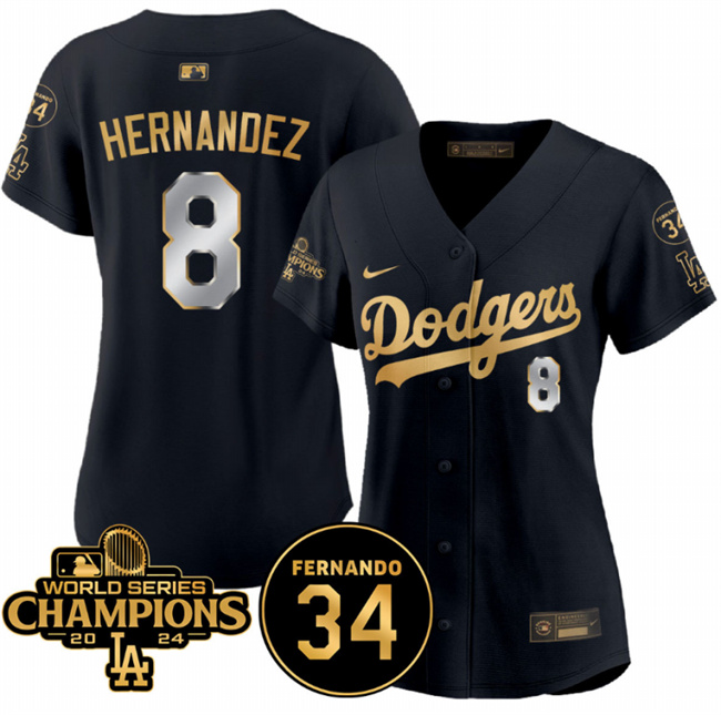 Personalized Women’s Los Angeles Dodgers #8 Enrique Hernandez Black Gold 2024 World Series Champions & Fernando Memorial Patch Limited Stitched Baseball Jersey(Run Small)