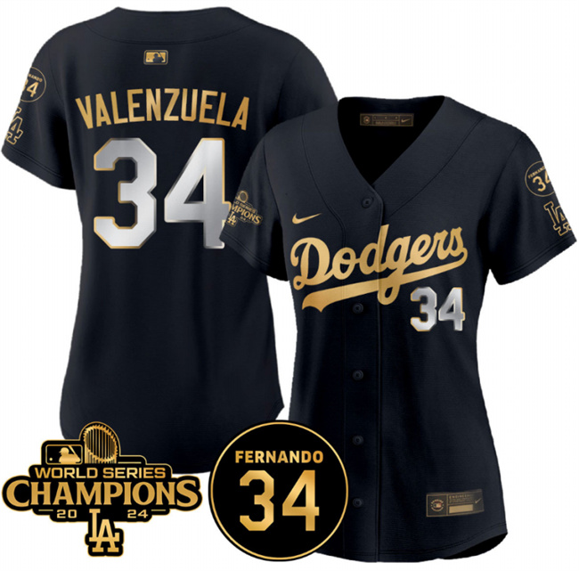 Personalized Women’s Los Angeles Dodgers #34 Fernando Valenzuela Black Gold 2024 World Series Champions & Fernando Memorial Patch Limited Stitched Baseball Jersey(Run Small)