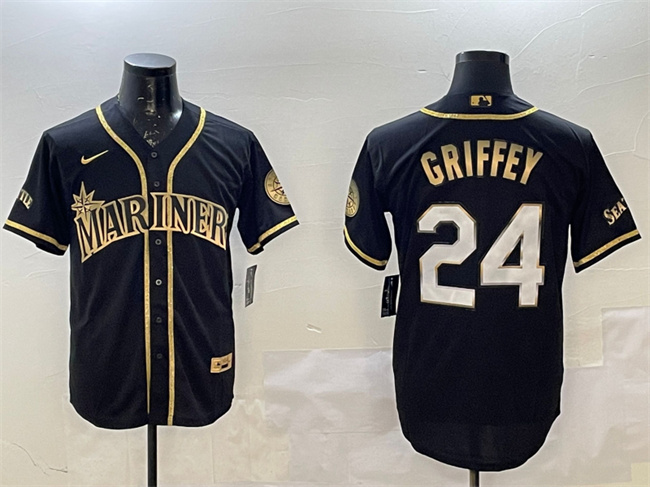 Personalized Men’s Seattle Mariners #24 Ken Griffey Jr. Black Gold Cool Base Stitched Baseball Jersey