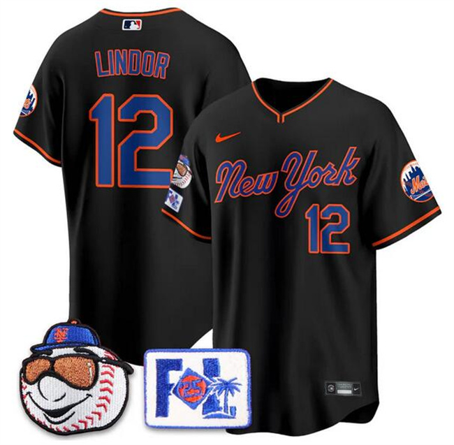 Personalized Men’s New York Mets #12 Francisco Lindor Black 2025 Spring Training Stitched Baseball Jersey