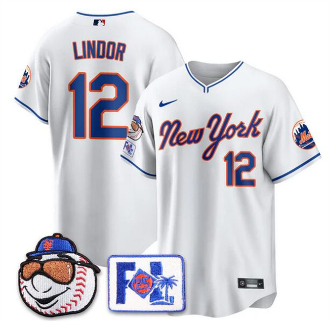 Personalized Men’s New York Mets #12 Francisco Lindor White 2025 Spring Training Stitched Baseball Jersey