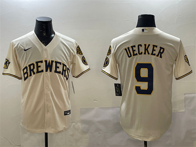 Personalized Men’s Milwaukee Brewers #9 Bob Uecker Cream With Home Patch Stitched Baseball Jersey