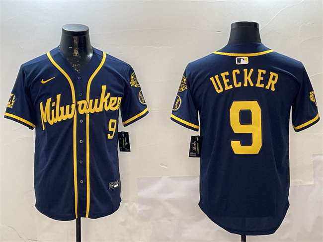 Personalized Men’s Milwaukee Brewers #9 Bob Uecker Navy With Home Patch Limited Stitched Baseball Jersey