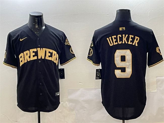 Personalized Men’s Milwaukee Brewers #9 Bob Uecker Black Gold With Home Patch Limited Stitched Baseball Jersey