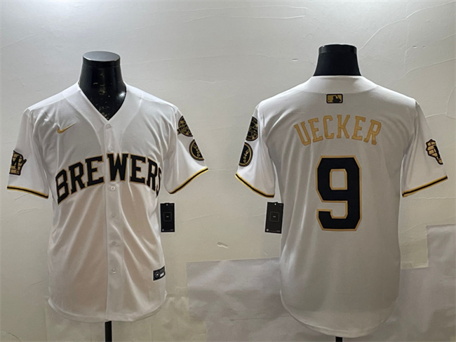 Personalized Men’s Milwaukee Brewers #9 Bob Uecker White Gold With Home Patch Limited Stitched Baseball Jersey