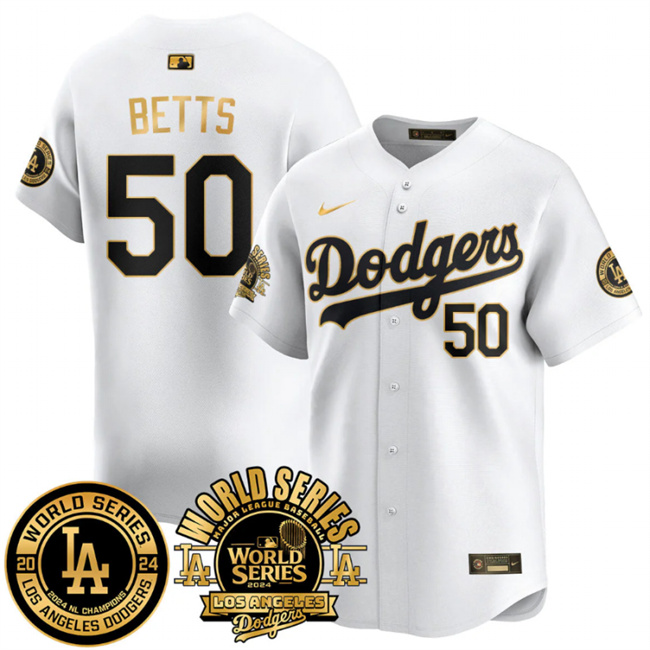 Personalized Men’s Los Angeles Dodgers #50 Mookie Betts White Gold 2024 World Series Patch Premier Limited Stitched Baseball Jersey
