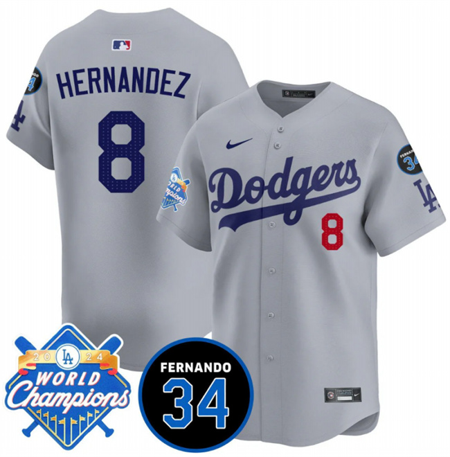 Personalized Men’s Los Angeles Dodgers #8 Enrique Hernandez Grey 2024 World Champions & Fernando Memorial Patch Premier Limited Stitched Baseball Jersey