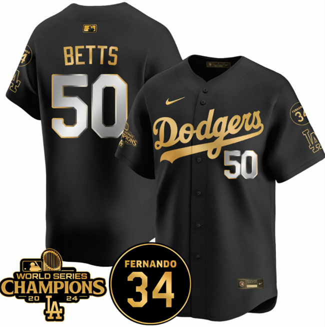 Personalized Men’s Los Angeles Dodgers #50 Mookie Betts Black Gold 2024 World Series Champions & Fernando Memorial Patch Premier Limited Stitched Baseball Jersey