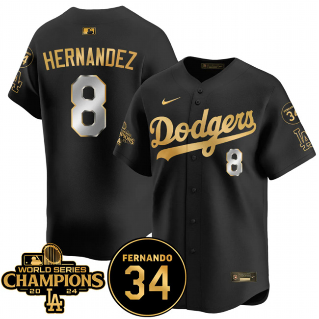 Personalized Men’s Los Angeles Dodgers #8 Enrique Hernandez Black Gold 2024 World Series Champions & Fernando Memorial Patch Premier Limited Stitched Baseball Jersey