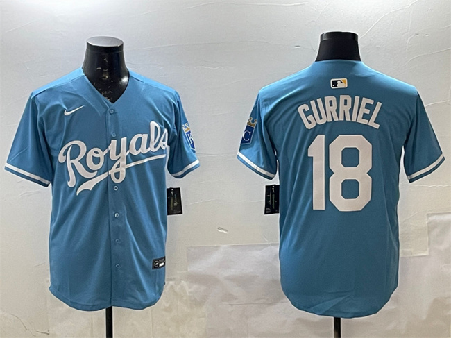 Personalized Men’s Kansas City Royals #18 Yuli Gurriel Blue Cool Base Stitched Baseball Jersey