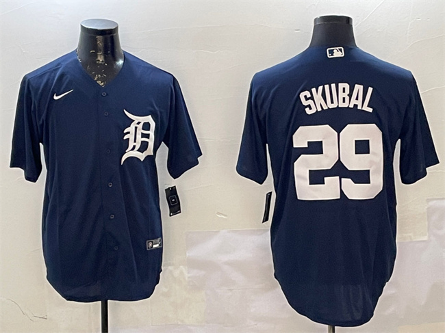 Personalized Men’s Detroit Tigers #29 Tarik Skubal Navy Cool Base Stitched Baseball Jersey