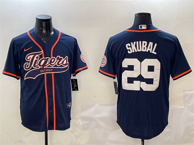 Personalized Men’s Detroit Tigers #29 Tarik Skubal Navy With Patch Cool Base Stitched Baseball Jersey