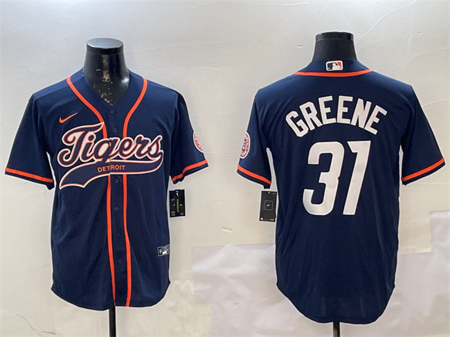 Personalized Men’s Detroit Tigers #31 Riley Greene Navy With Patch Cool Base Stitched Baseball Jersey