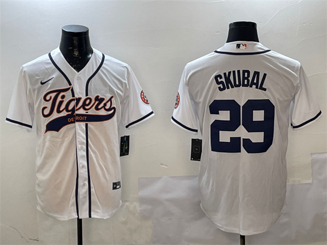 Personalized Men’s Detroit Tigers #29 Tarik Skubal White With Patch Cool Base Stitched Baseball Jersey