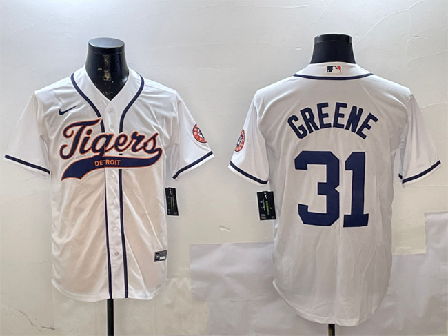 Personalized Men’s Detroit Tigers #31 Riley Greene White With Patch Cool Base Stitched Baseball Jersey