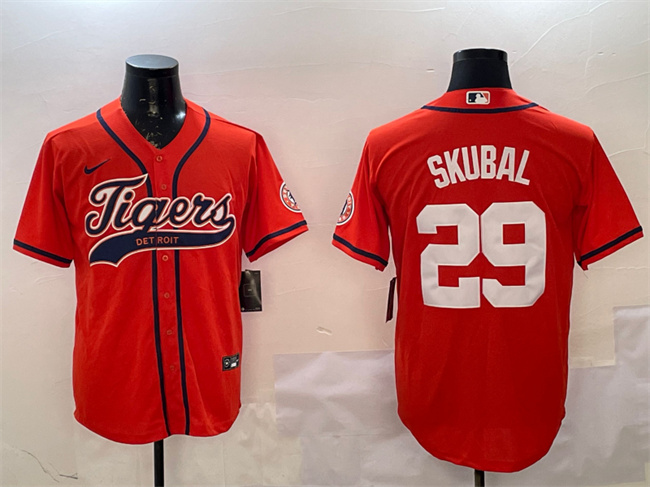 Personalized Men’s Detroit Tigers #29 Tarik Skubal Orange With Patch Cool Base Stitched Baseball Jersey