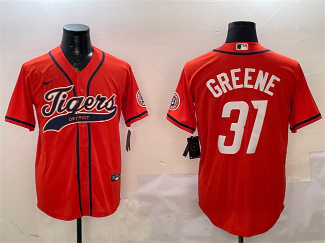 Personalized Men’s Detroit Tigers #31 Riley Greene Orange With Patch Cool Base Stitched Baseball Jersey