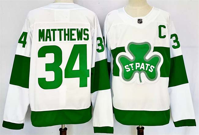 Personalized Men’s Toronto Maple Leafs #34 Auston Matthews White Green 2024-25 With C Patch Stitched Jersey