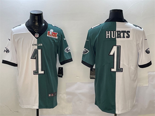 Personalized Men’s Philadelphia Eagles #1 Jalen Hurts White & Green Split 2025 Super Bowl LIX Patch Untouchable Limited Stitched Football Jersey