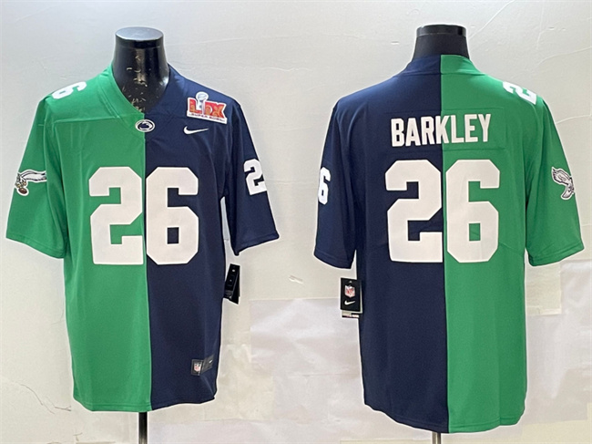 Personalized Men’s Philadelphia Eagles #26 Saquon Barkley Green & Navy Split 2025 Super Bowl LIX Patch Untouchable Limited Stitched Football Jersey