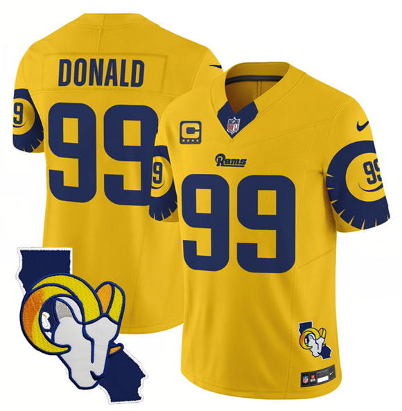 Personalized Men’s Los Angeles Rams #99 Aaron Donald Gold 2025 4-Star C Patch F.U.S.E. V2 Limited Stitched Football Jersey