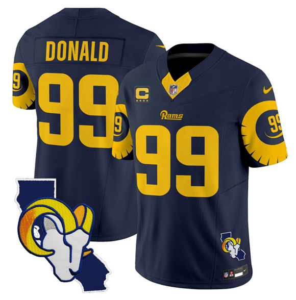 Personalized Men’s Los Angeles Rams #99 Aaron Donald Navy 2025 4-Star C Patch F.U.S.E. V2 Limited Stitched Football Jersey