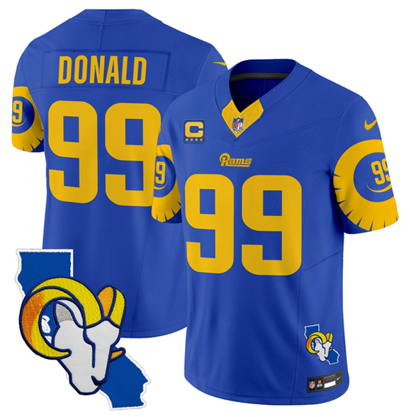 Personalized Men’s Los Angeles Rams #99 Aaron Donald Royal 2025 4-Star C Patch F.U.S.E. V2 Limited Stitched Football Jersey