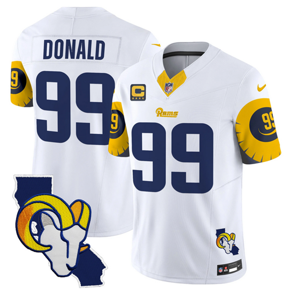 Personalized Men’s Los Angeles Rams #99 Aaron Donald White 2025 4-Star C Patch F.U.S.E. V2 Limited Stitched Football Jersey