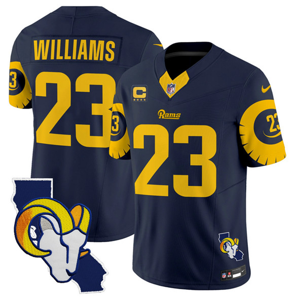 Personalized Men’s Los Angeles Rams #23 Kyren Williams Navy 2025 4-Star C Patch F.U.S.E. V2 Limited Stitched Football Jersey