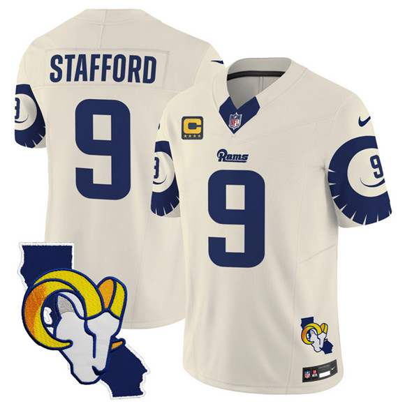 Personalized Men’s Los Angeles Rams #9 Matthew Stafford Bone 2025 4-Star C Patch F.U.S.E. V2 Limited Stitched Football Jersey