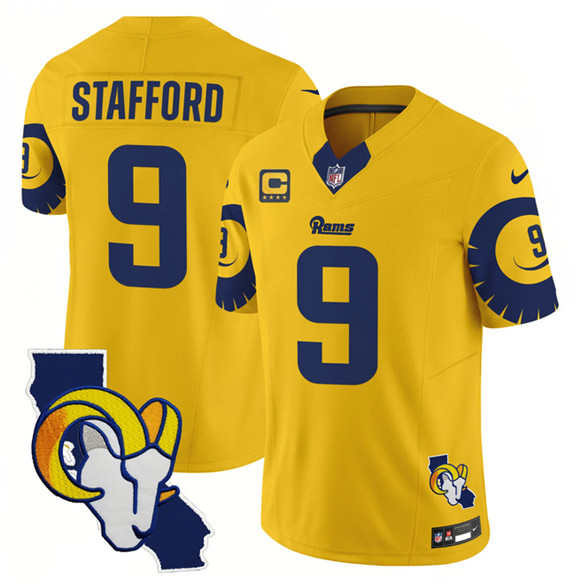 Personalized Men’s Los Angeles Rams #9 Matthew Stafford Gold 2025 4-Star C Patch F.U.S.E. V2 Limited Stitched Football Jersey
