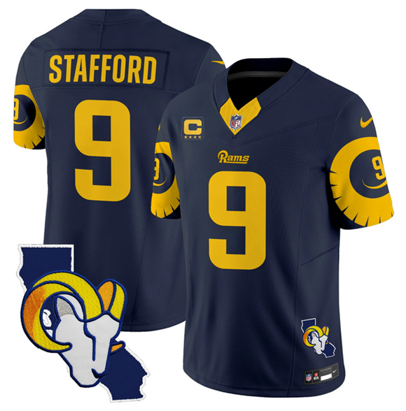 Personalized Men’s Los Angeles Rams #9 Matthew Stafford Navy 2025 4-Star C Patch F.U.S.E. V2 Limited Stitched Football Jersey