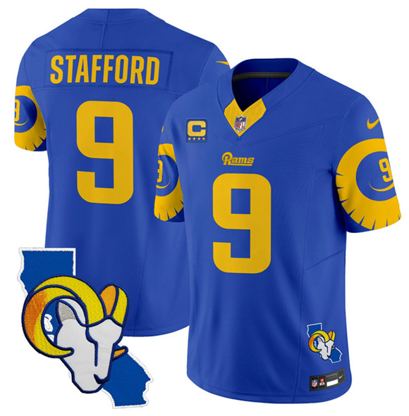 Personalized Men’s Los Angeles Rams #9 Matthew Stafford Royal 2025 4-Star C Patch F.U.S.E. V2 Limited Stitched Football Jersey
