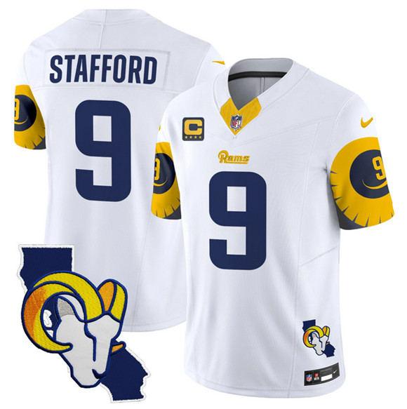 Personalized Men’s Los Angeles Rams #9 Matthew Stafford White 2025 4-Star C Patch F.U.S.E. V2 Limited Stitched Football Jersey