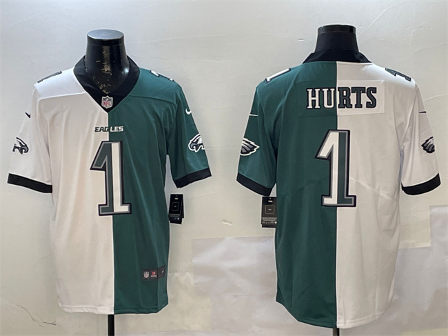 Personalized Men’s Philadelphia Eagles #1 Jalen Hurts White & Green Split Untouchable Limited Stitched Football Jersey